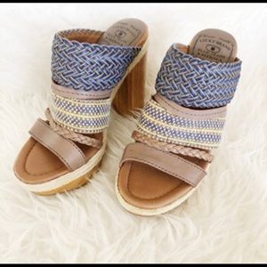 Lucky Brand Sz 6 Boho Wood Platform Heels  Leather